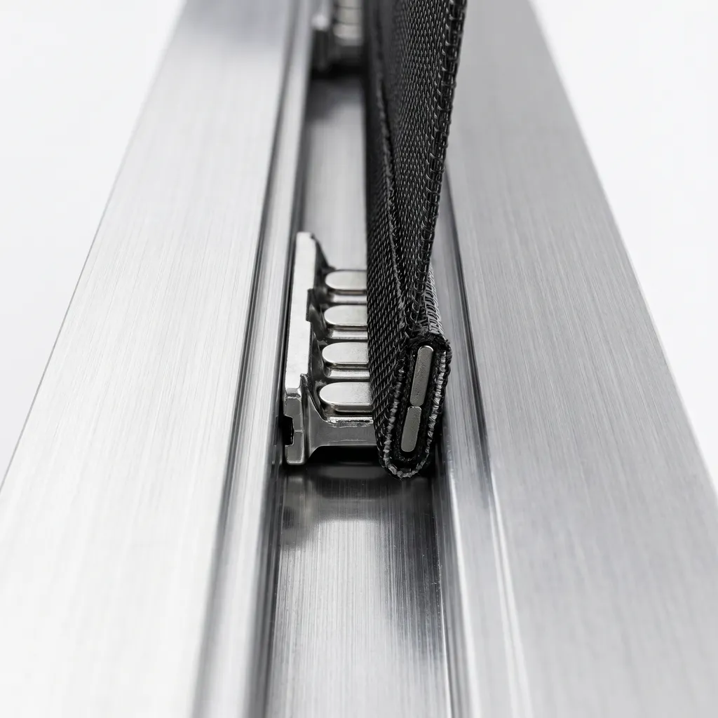 Extreme close-up of MagnaTrack magnetic side track and screen mesh tension detail