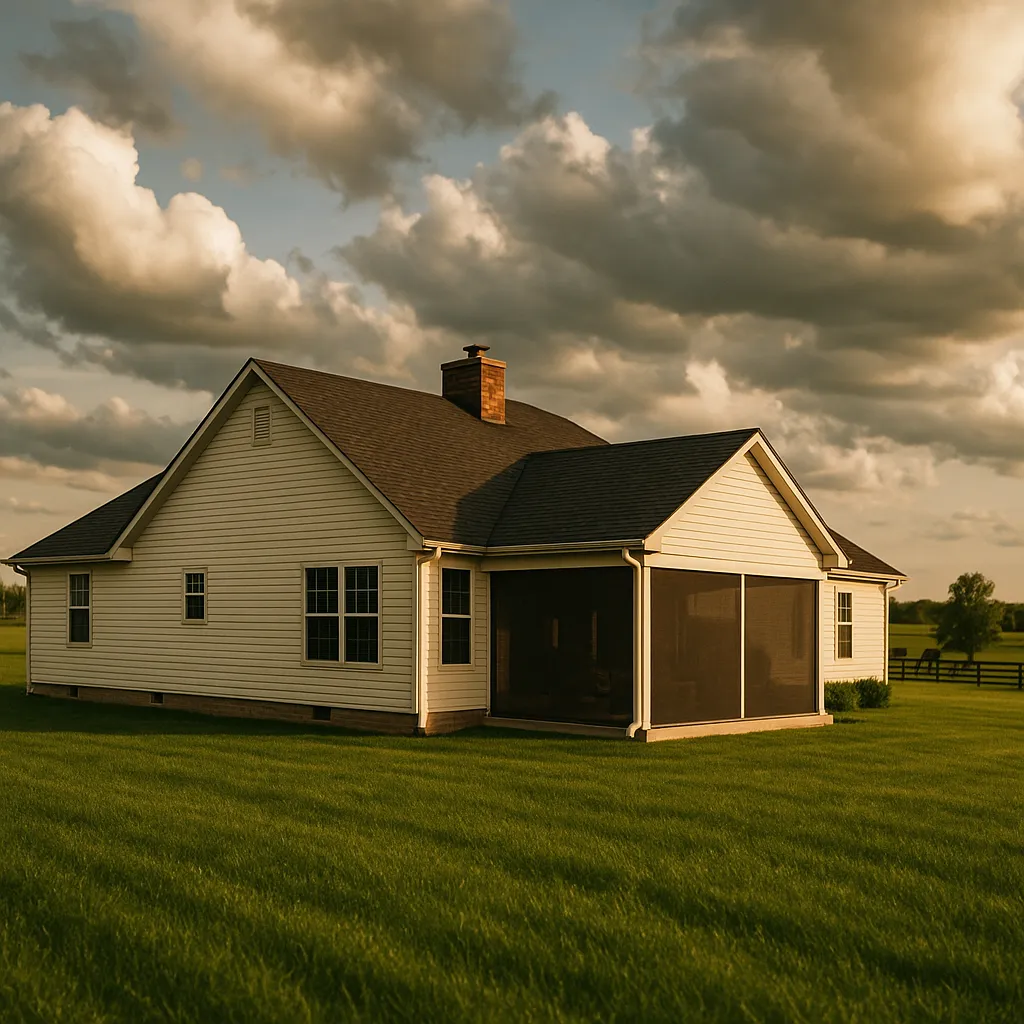 Georgetown Kentucky rural-suburban home with retractable patio screens deployed in open landscape