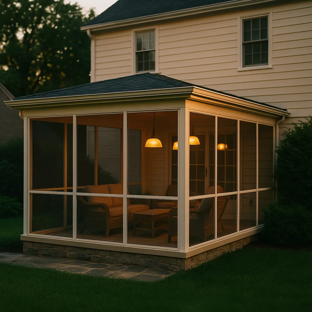 Fully enclosed screen room addition to colonial-style home at evening